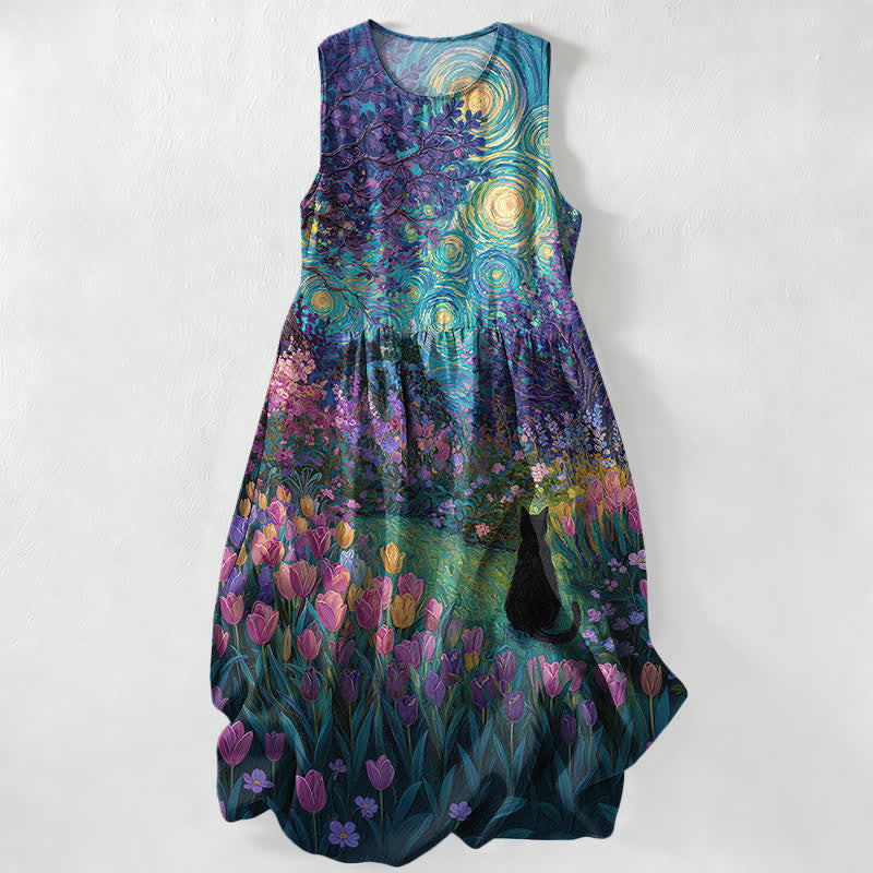 Buddha Stones Sommerliches, lässiges, ärmelloses Midikleid für Damen im Ölgemälde-Stil mit floralem Wirbelmuster und schwarzem Katzenmotiv sowie Taschen - DodgerBlue - US16, UK/AU20, EU48 (3XL) - image 0