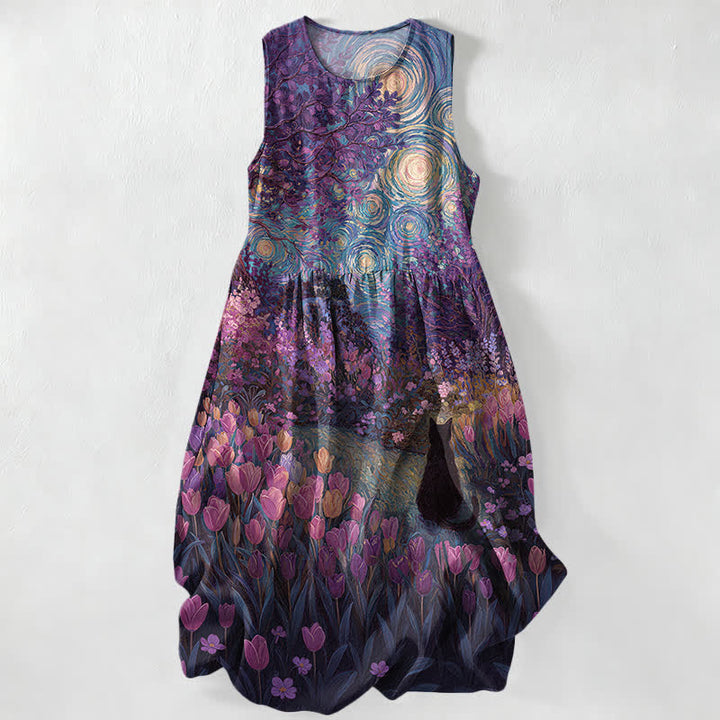Buddha Stones Sommerliches, lässiges, ärmelloses Midikleid für Damen im Ölgemälde-Stil mit floralem Wirbelmuster und schwarzem Katzenmotiv sowie Taschen - Dunkelviolett - US16, UK/AU20, EU48 (3XL) - image 4