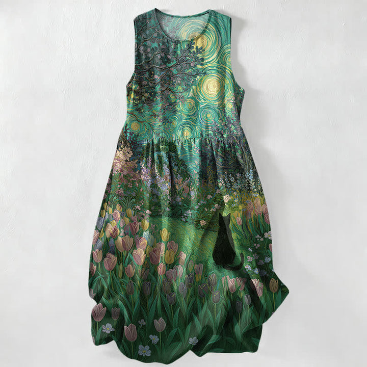Buddha Stones Sommerliches, lässiges, ärmelloses Midikleid für Damen im Ölgemälde-Stil mit floralem Wirbelmuster und schwarzem Katzenmotiv sowie Taschen - Waldgrün - US16, UK/AU20, EU48 (3XL) - image 5