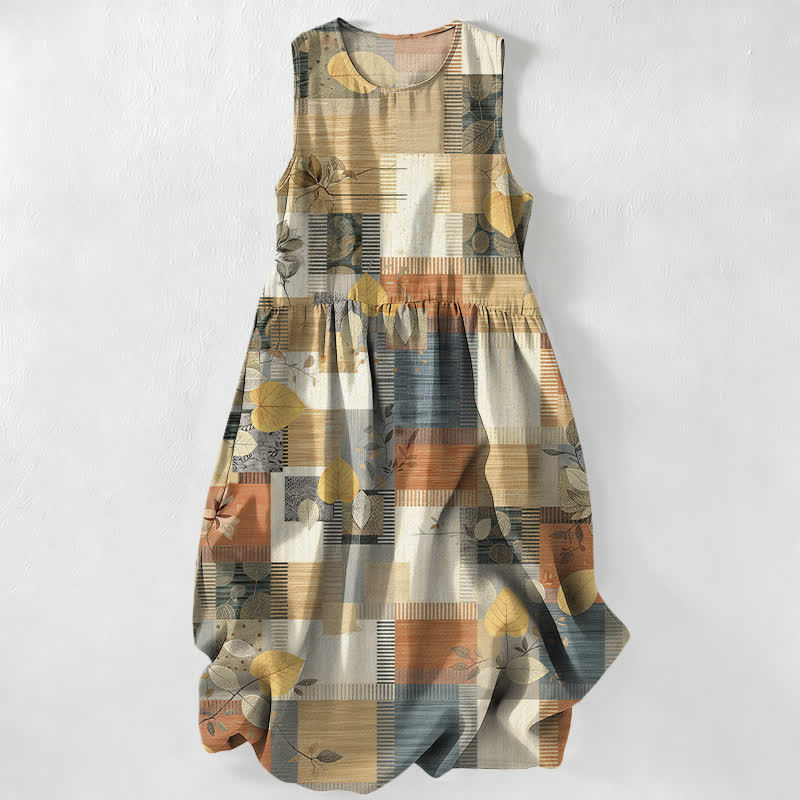 Buddha Stones Lässiges, ärmelloses Midikleid für Damen mit Patchwork-Blatt- und geometrischem Muster sowie Taschen - Bräunen - US16, UK/AU20, EU48 (3XL) - image 0
