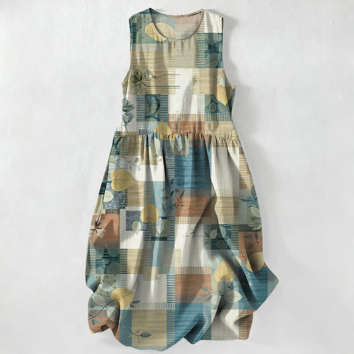 Buddha Stones Lässiges, ärmelloses Midikleid für Damen mit Patchwork-Blatt- und geometrischem Muster sowie Taschen - Kornblumenblau - US16, UK/AU20, EU48 (3XL) - image 4