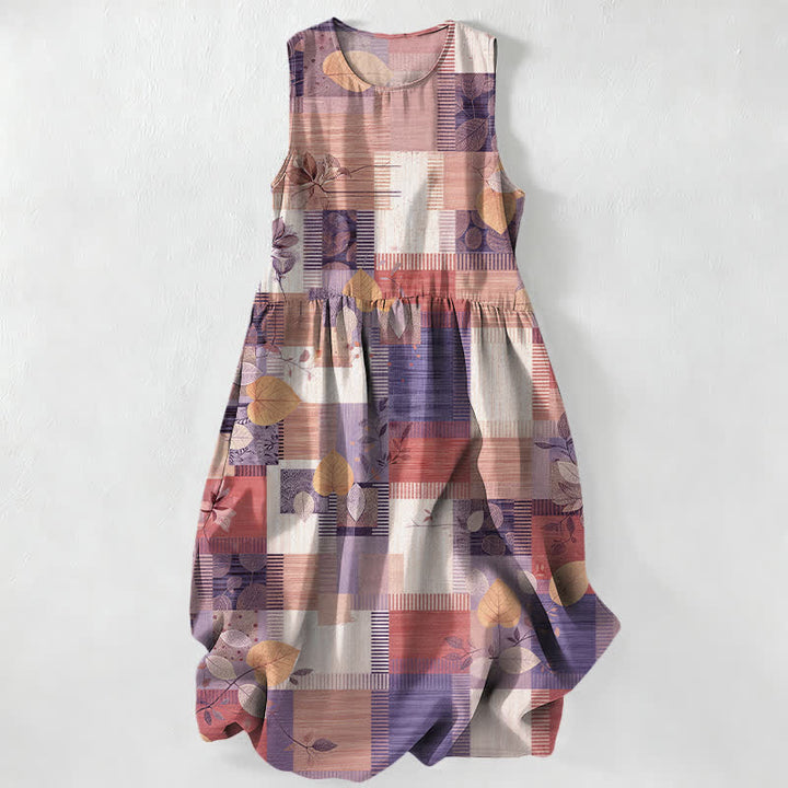Buddha Stones Lässiges, ärmelloses Midikleid für Damen mit Patchwork-Blatt- und geometrischem Muster sowie Taschen - Pflaume - US16, UK/AU20, EU48 (3XL) - image 5