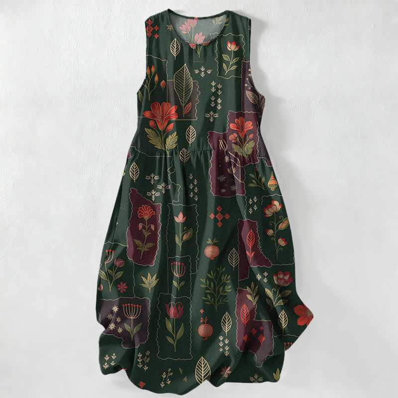 Buddha Stones Sommerliches, lässiges, ärmelloses Midikleid für Damen mit Taschen, floralem Patchwork-Blättermuster im Vintage-Stil - Dunkelgrün - US16, UK/AU20, EU48 (3XL) - image 0