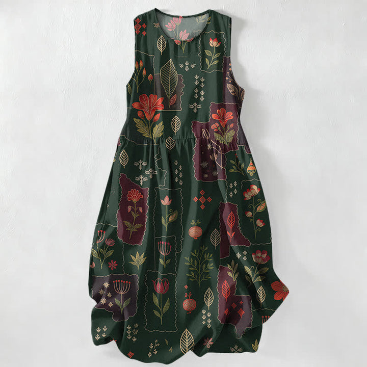 Buddha Stones Sommerliches, lässiges, ärmelloses Midikleid für Damen mit Taschen, floralem Patchwork-Blättermuster im Vintage-Stil - Dunkelgrün - US16, UK/AU20, EU48 (3XL) - image 0