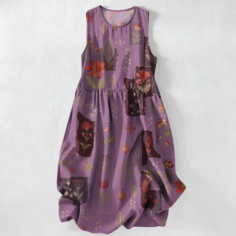 Buddha Stones Sommerliches, lässiges, ärmelloses Midikleid für Damen mit Taschen, floralem Patchwork-Blättermuster im Vintage-Stil - Mittelviolett - US16, UK/AU20, EU48 (3XL) - image 4