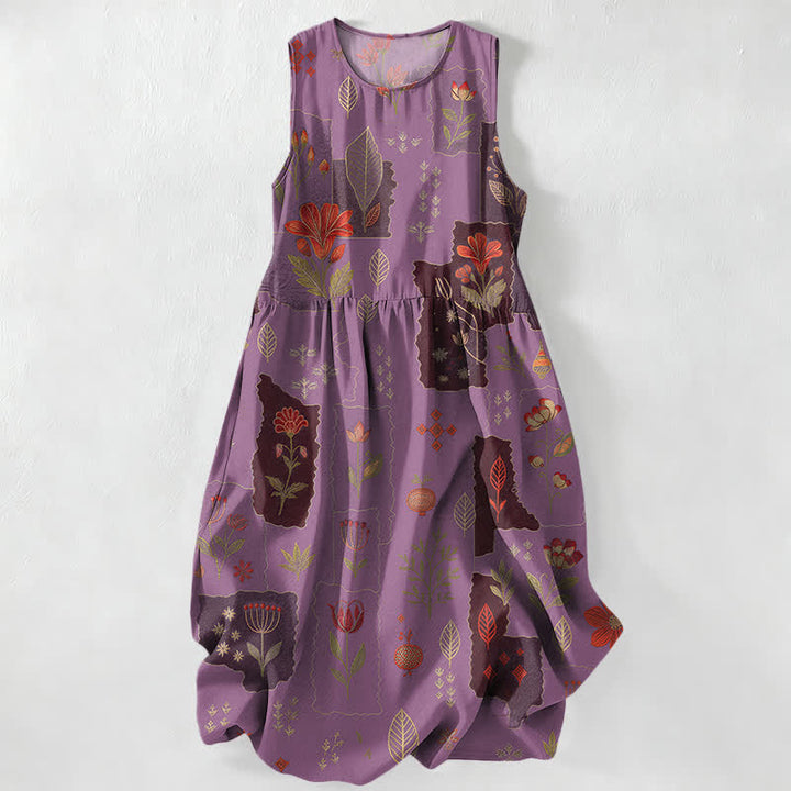 Buddha Stones Sommerliches, lässiges, ärmelloses Midikleid für Damen mit Taschen, floralem Patchwork-Blättermuster im Vintage-Stil - Mittelviolett - US16, UK/AU20, EU48 (3XL) - image 4