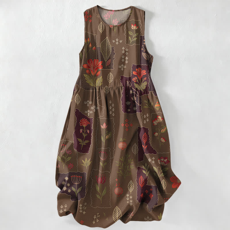 Buddha Stones Sommerliches, lässiges, ärmelloses Midikleid für Damen mit Taschen, floralem Patchwork-Blättermuster im Vintage-Stil - Sienna - US16, UK/AU20, EU48 (3XL) - image 5