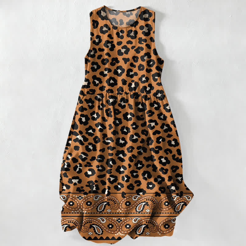 Buddha Stones Lässiges, sommerliches Damen-Midikleid im Vintage-Stil mit Leoparden- und Paisley-Bordürenmuster, ärmellos und mit Taschen - Peru - US16, UK/AU20, EU48 (3XL) - image 0