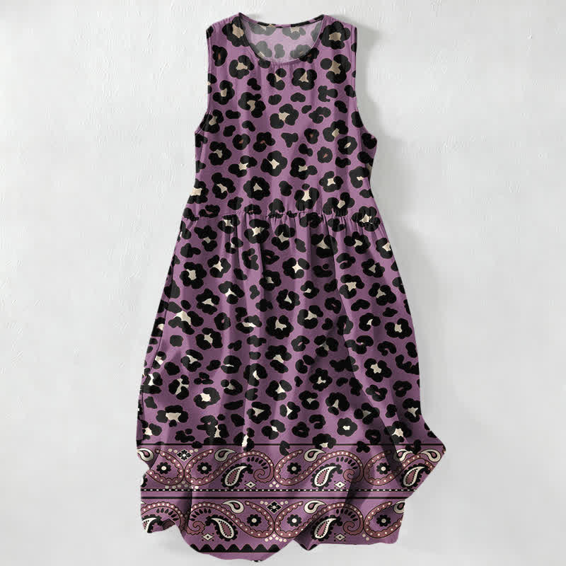 Buddha Stones Lässiges, sommerliches Damen-Midikleid im Vintage-Stil mit Leoparden- und Paisley-Bordürenmuster, ärmellos und mit Taschen - Mittelviolett - US16, UK/AU20, EU48 (3XL) - image 4