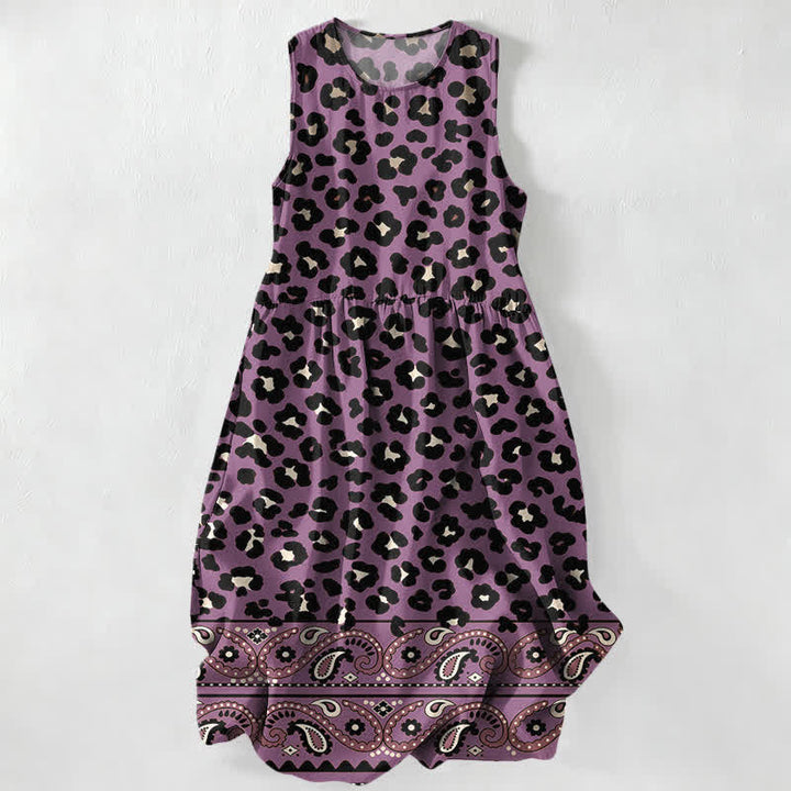Buddha Stones Lässiges, sommerliches Damen-Midikleid im Vintage-Stil mit Leoparden- und Paisley-Bordürenmuster, ärmellos und mit Taschen - Mittelviolett - US16, UK/AU20, EU48 (3XL) - image 4