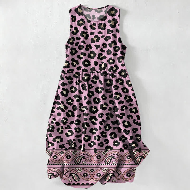 Buddha Stones Lässiges, sommerliches Damen-Midikleid im Vintage-Stil mit Leoparden- und Paisley-Bordürenmuster, ärmellos und mit Taschen - Pflaume - US16, UK/AU20, EU48 (3XL) - image 5