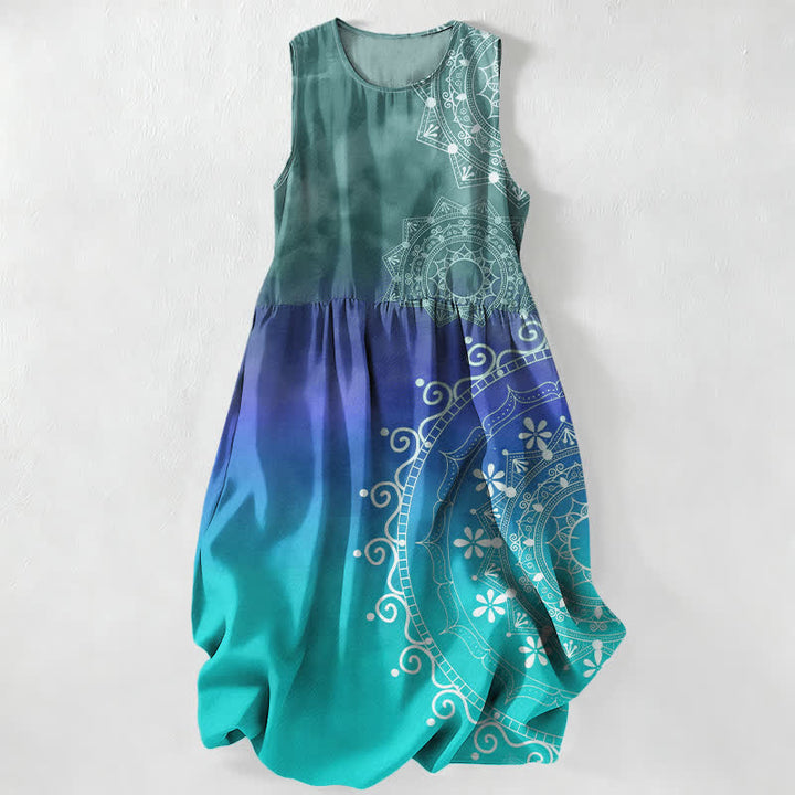 Buddha Stones Lässiges Sommerkleid im Boho-Stil mit Mandala-Ombré-Muster, ärmellos, Midi-Länge und Taschen - Hellseegrün - US16, UK/AU20, EU48 (3XL) - image 0