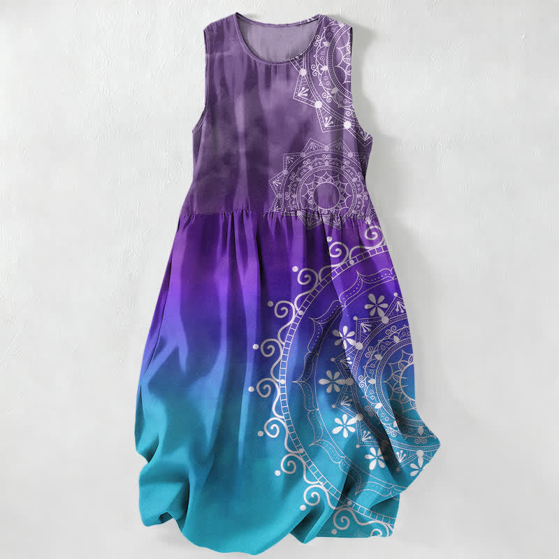 Buddha Stones Lässiges Sommerkleid im Boho-Stil mit Mandala-Ombré-Muster, ärmellos, Midi-Länge und Taschen - Blauviolett - US16, UK/AU20, EU48 (3XL) - image 4