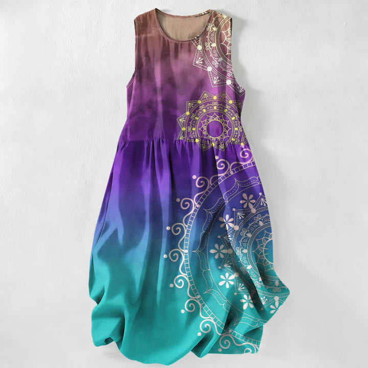 Buddha Stones Lässiges Sommerkleid im Boho-Stil mit Mandala-Ombré-Muster, ärmellos, Midi-Länge und Taschen - Peru - US16, UK/AU20, EU48 (3XL) - image 5