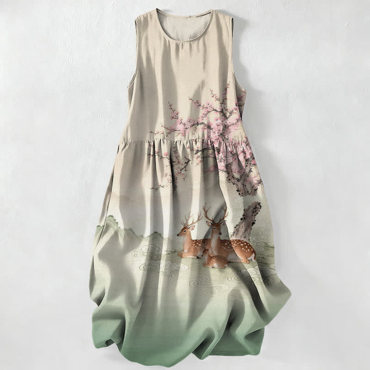 Buddha Stones Sommerliches, lässiges, ärmelloses Midikleid für Damen mit Taschen, Pfirsichblütenbaum- und Sikahirsch-Landschaftsmuster - Beige - US16, UK/AU20, EU48 (3XL) - image 0
