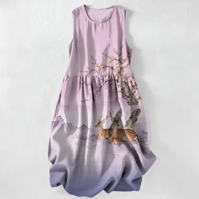 Buddha Stones Sommerliches, lässiges, ärmelloses Midikleid für Damen mit Taschen, Pfirsichblütenbaum- und Sikahirsch-Landschaftsmuster - Distel - US16, UK/AU20, EU48 (3XL) - image 4