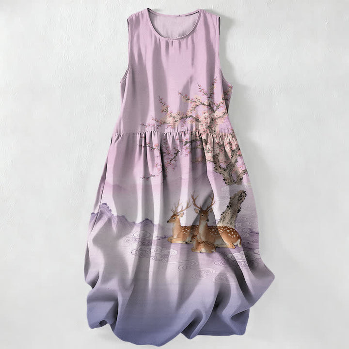 Buddha Stones Sommerliches, lässiges, ärmelloses Midikleid für Damen mit Taschen, Pfirsichblütenbaum- und Sikahirsch-Landschaftsmuster - Distel - US16, UK/AU20, EU48 (3XL) - image 4