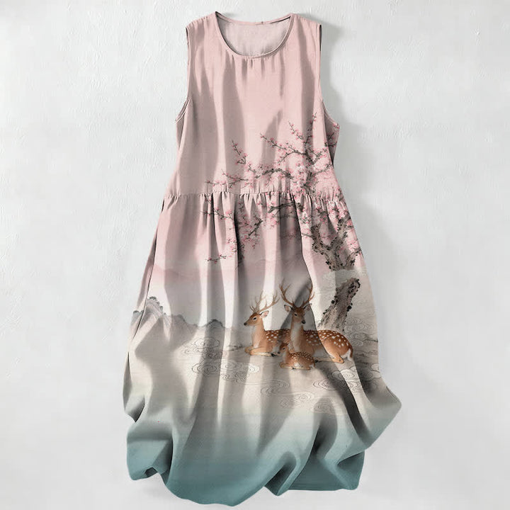 Buddha Stones Sommerliches, lässiges, ärmelloses Midikleid für Damen mit Taschen, Pfirsichblütenbaum- und Sikahirsch-Landschaftsmuster - Hellrosa - US16, UK/AU20, EU48 (3XL) - image 5