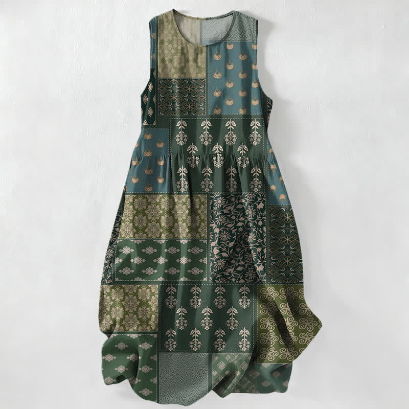Buddha Stones Lässiges, sommerliches Damen-Midikleid im Vintage-Stil mit Patchwork-Blumen- und Blättermuster, ärmellos und mit Taschen - Dunkelolivgrün - US16, UK/AU20, EU48 (3XL) - image 0
