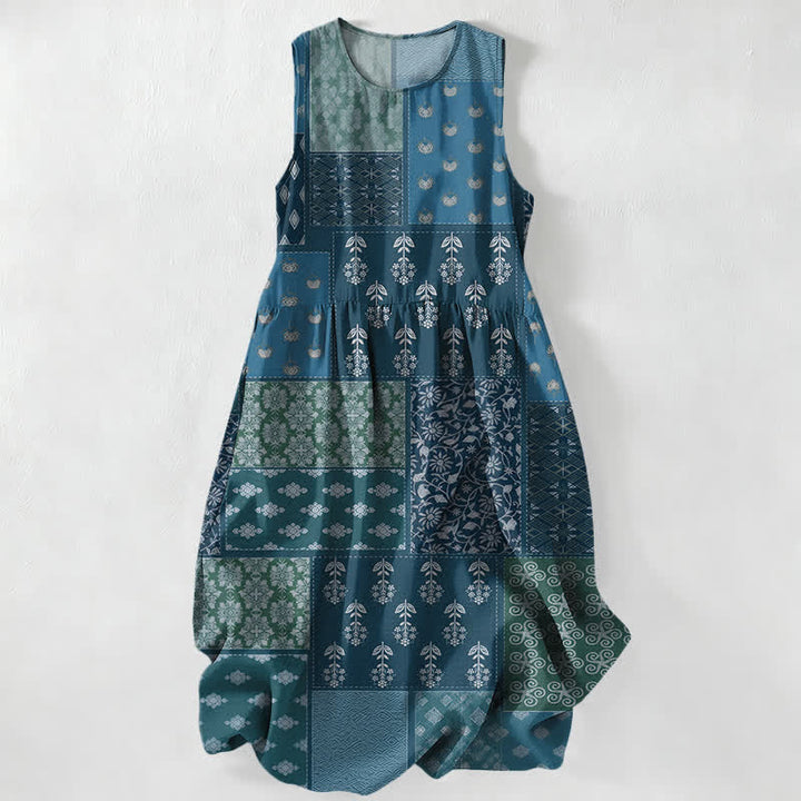 Buddha Stones Lässiges, sommerliches Damen-Midikleid im Vintage-Stil mit Patchwork-Blumen- und Blättermuster, ärmellos und mit Taschen - Kadettenblau - US16, UK/AU20, EU48 (3XL) - image 4