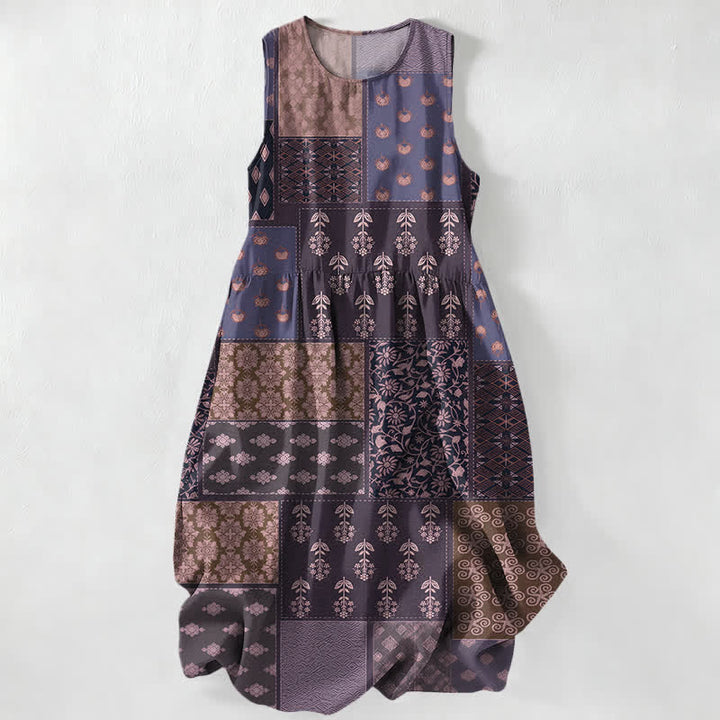 Buddha Stones Lässiges, sommerliches Damen-Midikleid im Vintage-Stil mit Patchwork-Blumen- und Blättermuster, ärmellos und mit Taschen - DarkOrchid - US16, UK/AU20, EU48 (3XL) - image 5
