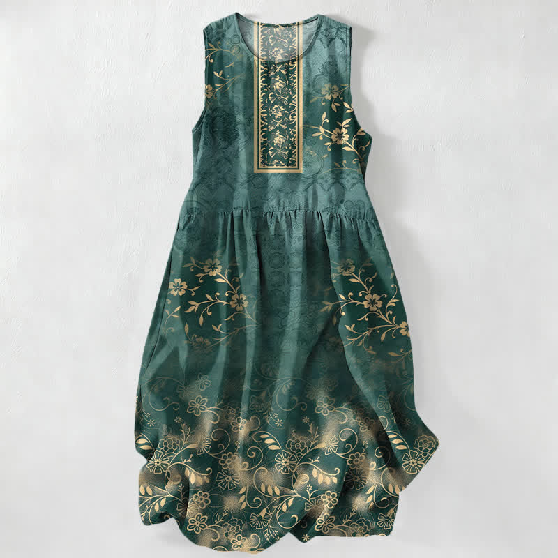 Buddha Stones Lässiges, sommerliches, ärmelloses Midikleid für Damen mit Vintage-Blumenrankenmuster und Taschen - SeaGreen - US16, UK/AU20, EU48 (3XL) - image 0