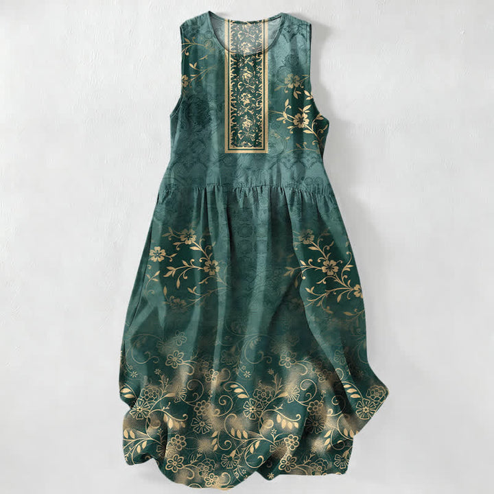 Buddha Stones Lässiges, sommerliches, ärmelloses Midikleid für Damen mit Vintage-Blumenrankenmuster und Taschen - SeaGreen - US16, UK/AU20, EU48 (3XL) - image 0