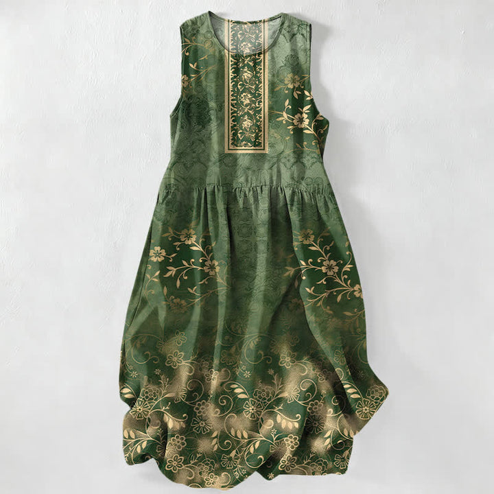 Buddha Stones Lässiges, sommerliches, ärmelloses Midikleid für Damen mit Vintage-Blumenrankenmuster und Taschen - Dunkelolivgrün - US16, UK/AU20, EU48 (3XL) - image 4