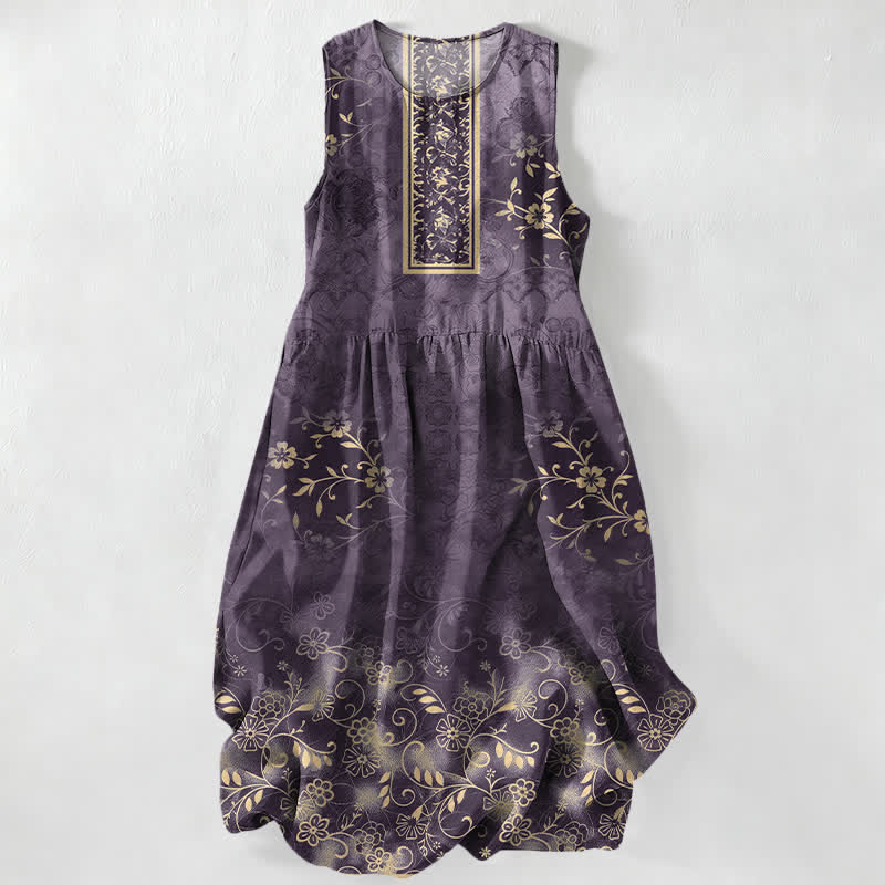 Buddha Stones Lässiges, sommerliches, ärmelloses Midikleid für Damen mit Vintage-Blumenrankenmuster und Taschen - DarkOrchid - US16, UK/AU20, EU48 (3XL) - image 5