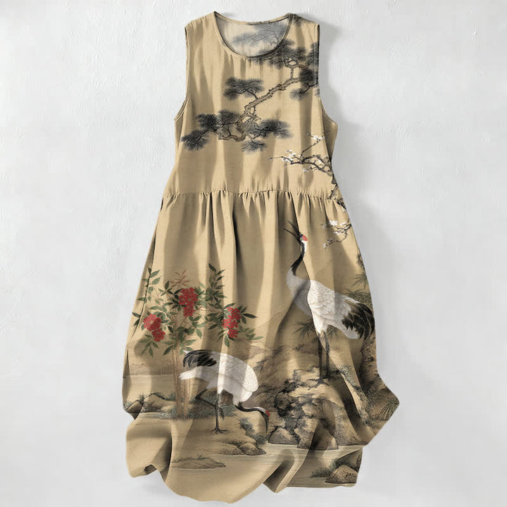 Buddha Stones Sommerliches, lässiges, rotes, ärmelloses Midikleid für Damen mit Kranich-, Pflaumenblüten- und Kiefernzweigmuster und Taschen - Bräunen - US16, UK/AU20, EU48 (3XL) - image 0