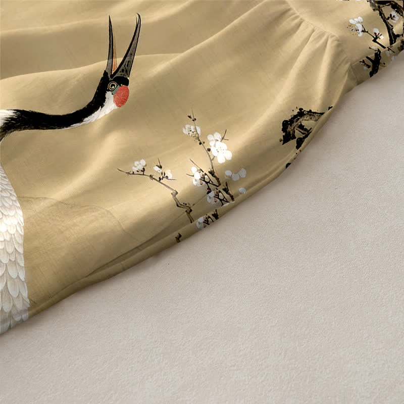 Buddha Stones Sommerliches, lässiges, rotes, ärmelloses Midikleid für Damen mit Kranich-, Pflaumenblüten- und Kiefernzweigmuster und Taschen - image 2