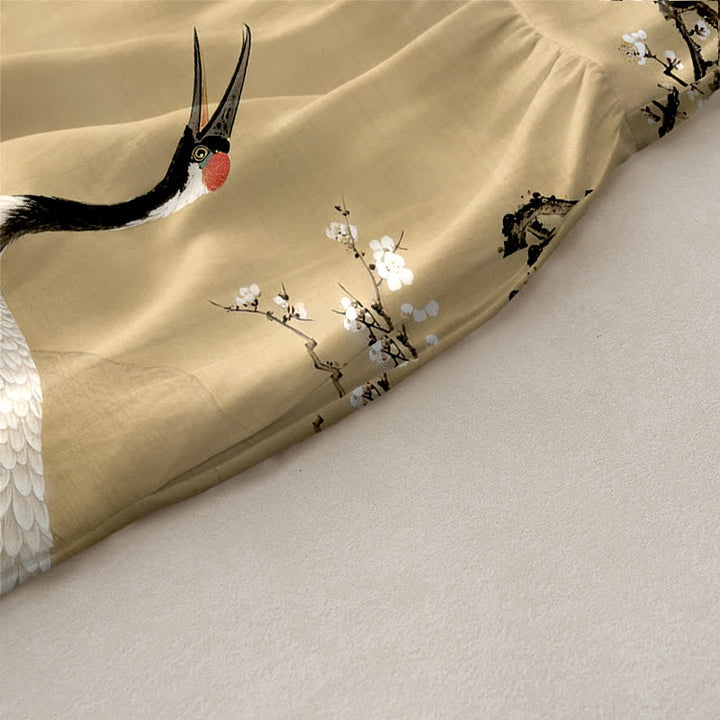 Buddha Stones Sommerliches, lässiges, rotes, ärmelloses Midikleid für Damen mit Kranich-, Pflaumenblüten- und Kiefernzweigmuster und Taschen - image 2