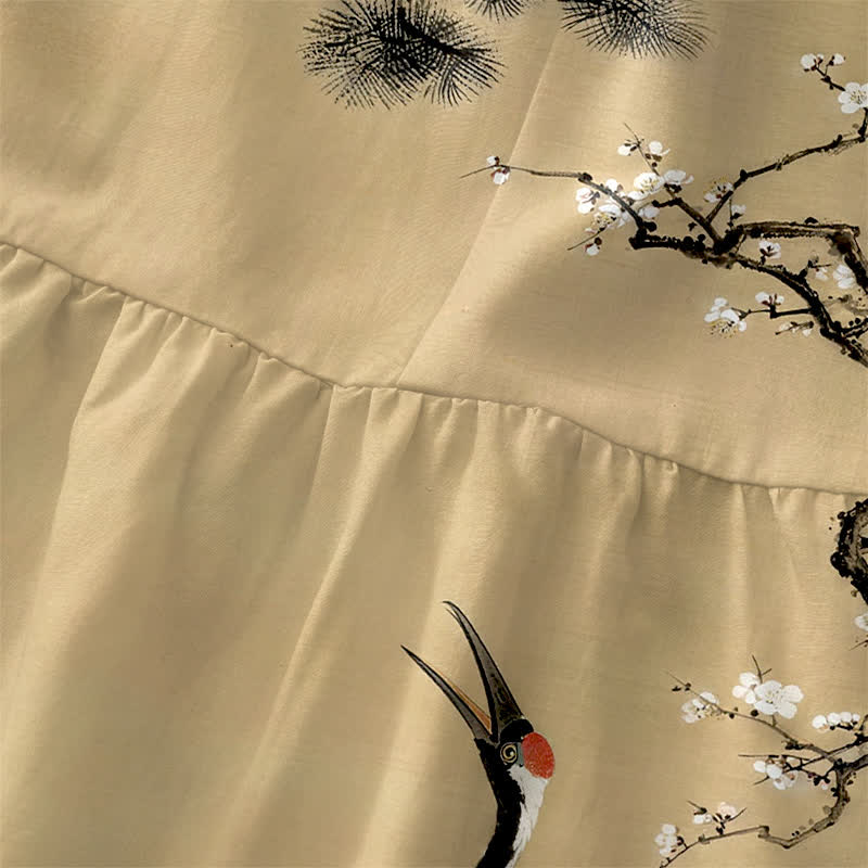 Buddha Stones Sommerliches, lässiges, rotes, ärmelloses Midikleid für Damen mit Kranich-, Pflaumenblüten- und Kiefernzweigmuster und Taschen - image 1