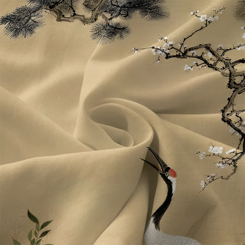 Buddha Stones Sommerliches, lässiges, rotes, ärmelloses Midikleid für Damen mit Kranich-, Pflaumenblüten- und Kiefernzweigmuster und Taschen - image 3