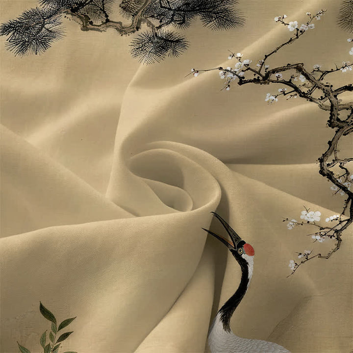 Buddha Stones Sommerliches, lässiges, rotes, ärmelloses Midikleid für Damen mit Kranich-, Pflaumenblüten- und Kiefernzweigmuster und Taschen - image 3
