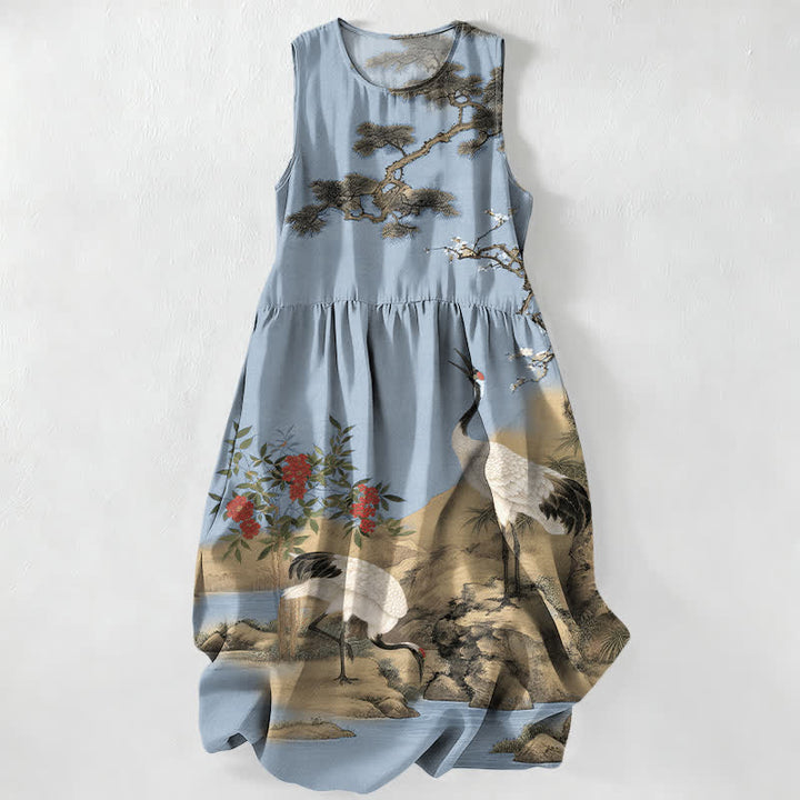 Buddha Stones Sommerliches, lässiges, rotes, ärmelloses Midikleid für Damen mit Kranich-, Pflaumenblüten- und Kiefernzweigmuster und Taschen - Hellstahlblau - US16, UK/AU20, EU48 (3XL) - image 4