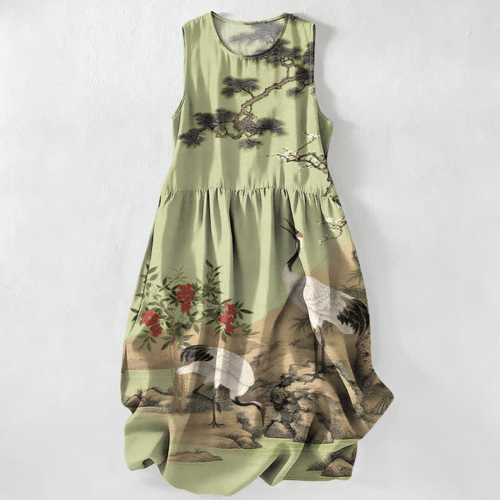 Buddha Stones Sommerliches, lässiges, rotes, ärmelloses Midikleid für Damen mit Kranich-, Pflaumenblüten- und Kiefernzweigmuster und Taschen - Gelbgrün - US16, UK/AU20, EU48 (3XL) - image 5
