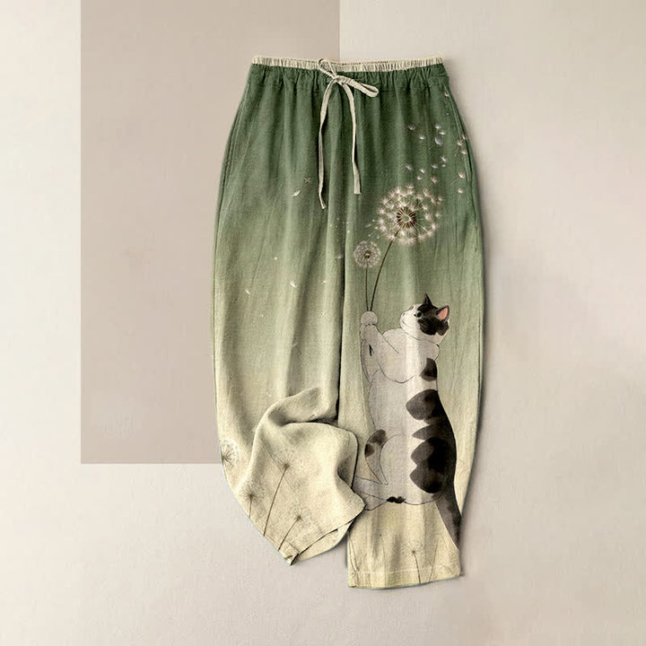Buddha Stones Reine Baumwolle, verträumtes Kuh-, Katzen- und Löwenzahnmuster, Damenhose mit elastischem Bund und Taschen - Olivgrün - US16, UK/AU20, EU48 (3XL) - image 3