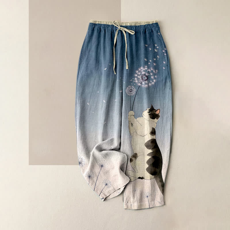 Buddha Stones Reine Baumwolle, verträumtes Kuh-, Katzen- und Löwenzahnmuster, Damenhose mit elastischem Bund und Taschen - SteelBlue - US16, UK/AU20, EU48 (3XL) - image 4