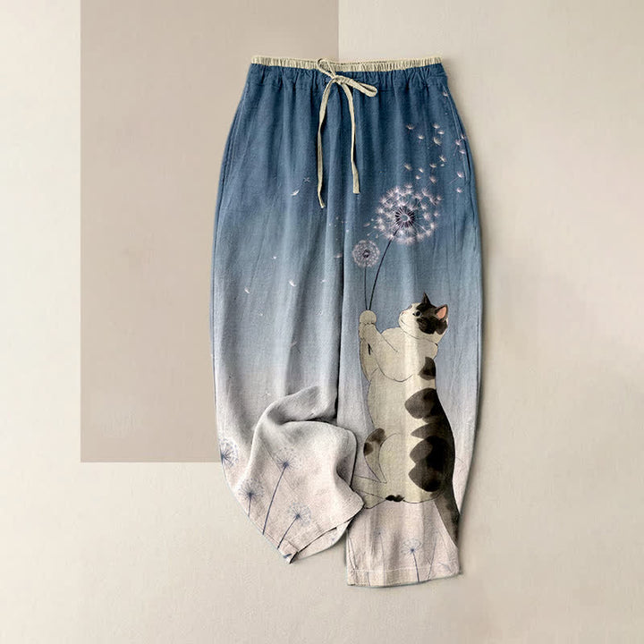 Buddha Stones Reine Baumwolle, verträumtes Kuh-, Katzen- und Löwenzahnmuster, Damenhose mit elastischem Bund und Taschen - SteelBlue - US16, UK/AU20, EU48 (3XL) - image 4