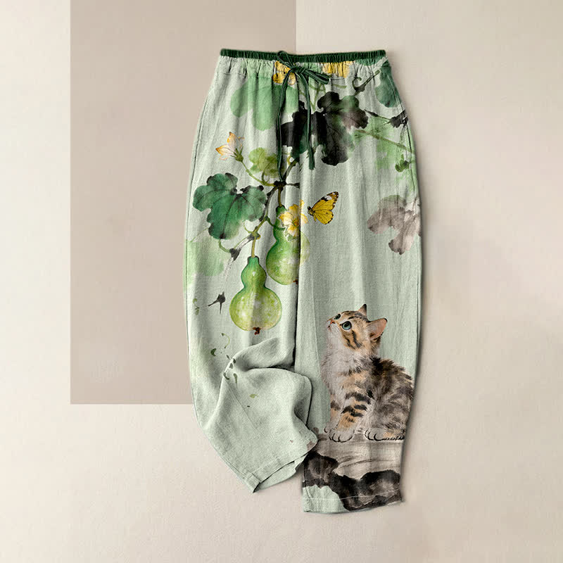 Buddha Stones Damenhose aus reiner Baumwolle mit Kürbisranken-, gelbem Schmetterlings- und Katzenmuster, elastischem Bund und Taschen - Hellgrün - US16, UK/AU20, EU48 (3XL) - image 0