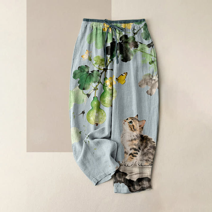 Buddha Stones Damenhose aus reiner Baumwolle mit Kürbisranken-, gelbem Schmetterlings- und Katzenmuster, elastischem Bund und Taschen - Hellstahlblau - US16, UK/AU20, EU48 (3XL) - image 3