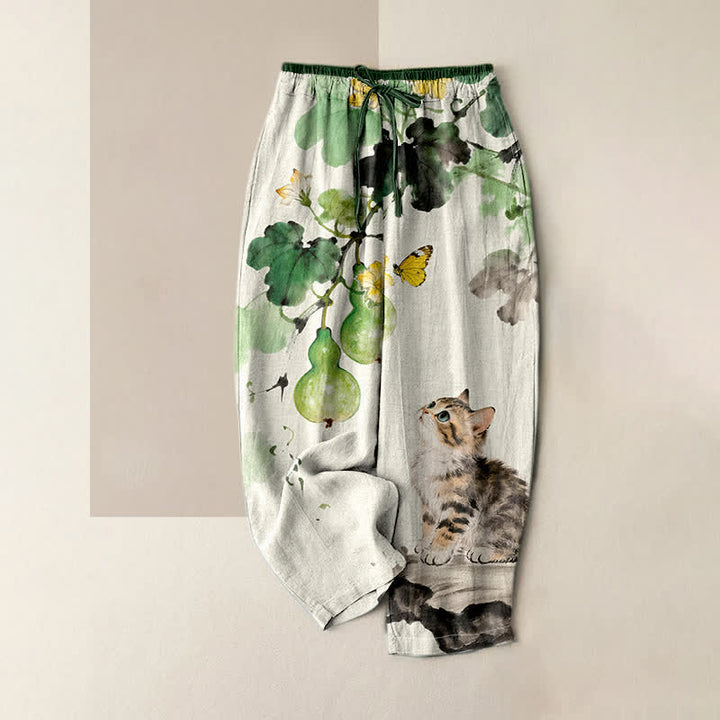 Buddha Stones Damenhose aus reiner Baumwolle mit Kürbisranken-, gelbem Schmetterlings- und Katzenmuster, elastischem Bund und Taschen - Elfenbein - US16, UK/AU20, EU48 (3XL) - image 4