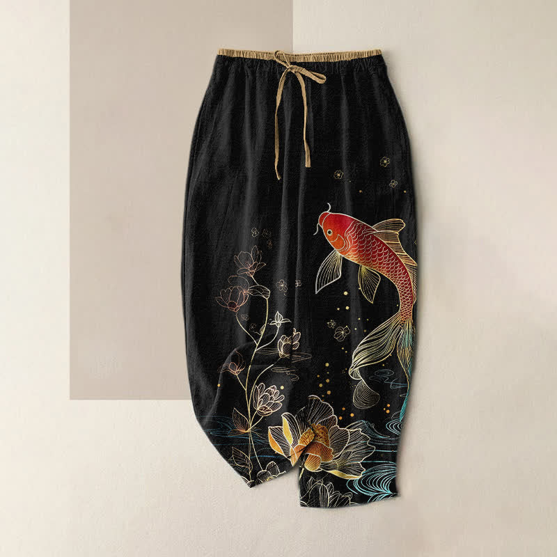 Buddha Stones Damenhose aus reiner Baumwolle mit Koi-Fisch- und goldenem Lotusmuster, elastischem Bund und Taschen - Schwarz - US16, UK/AU20, EU48 (3XL) - image 0