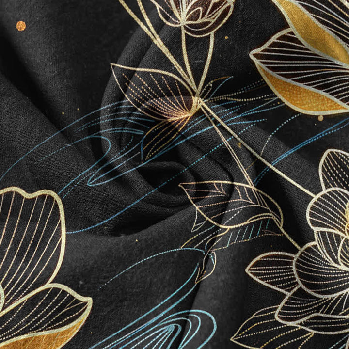 Buddha Stones Damenhose aus reiner Baumwolle mit Koi-Fisch- und goldenem Lotusmuster, elastischem Bund und Taschen - image 3