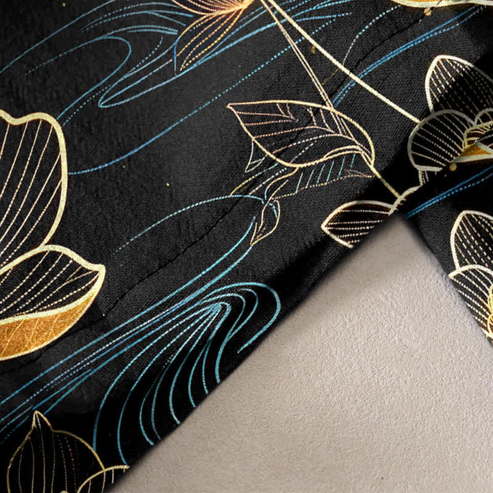 Buddha Stones Damenhose aus reiner Baumwolle mit Koi-Fisch- und goldenem Lotusmuster, elastischem Bund und Taschen - image 2