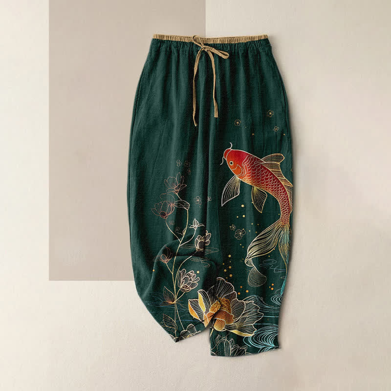 Buddha Stones Damenhose aus reiner Baumwolle mit Koi-Fisch- und goldenem Lotusmuster, elastischem Bund und Taschen - Dunkelgrün - US16, UK/AU20, EU48 (3XL) - image 4