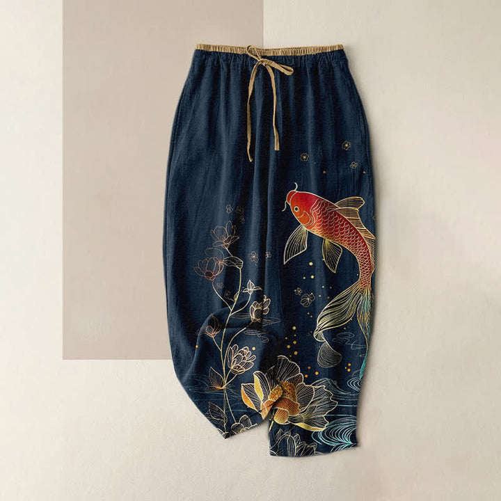 Buddha Stones Damenhose aus reiner Baumwolle mit Koi-Fisch- und goldenem Lotusmuster, elastischem Bund und Taschen - Marine - US16, UK/AU20, EU48 (3XL) - image 5