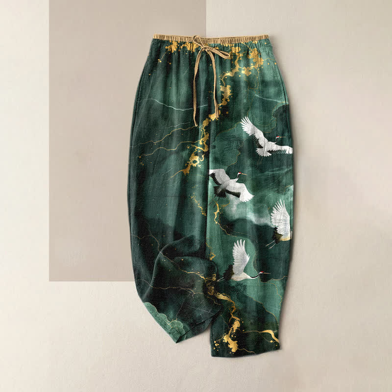Buddha Stones Elegante weiße Damenhose aus reiner Baumwolle mit Kranich-Goldmuster, elastischem Bund und Taschen - Dunkelcyan - US16, UK/AU20, EU48 (3XL) - image 0