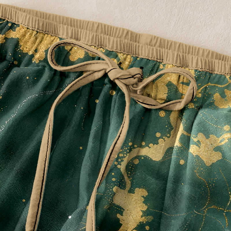Buddha Stones Elegante weiße Damenhose aus reiner Baumwolle mit Kranich-Goldmuster, elastischem Bund und Taschen - image 1